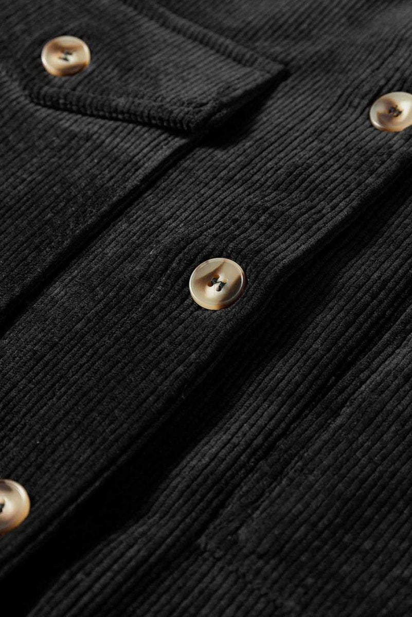 Black Corduroy Flap Pocket Button Up Shacket - Love Salve